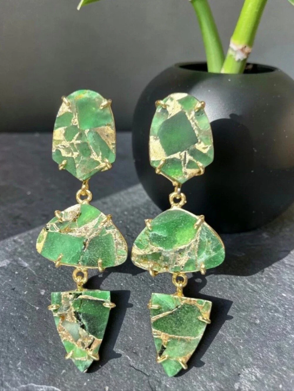 18k Gold Plated Artisan Genuine Mohave Green Turquoise Geometric Dangle Earrings